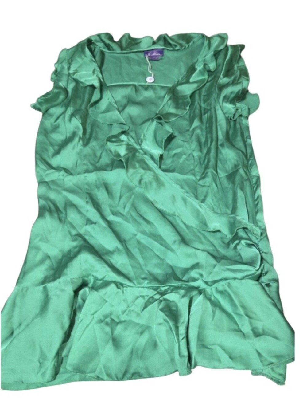 New Vtg Moda Emerald Green Satin Top with V-Neck Ruffles Lg Jr